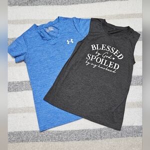 4/$20- Under Armour Blue Tee & Gray Graphic Gym Tank